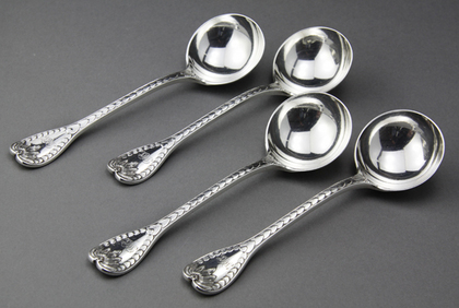 Rare Palm Pattern Silver Soup Spoons (Set of 4)